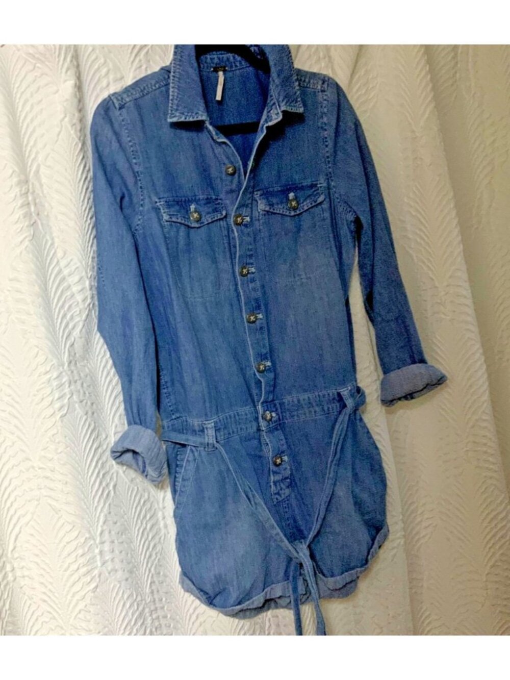 Free People Denim Romper  Long Sleeve Button Front Belt Pockets  sz S Petite